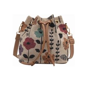 Mini Floral Embroidered Bucket Crossbody Bag Adjustable Drawstring NWOT